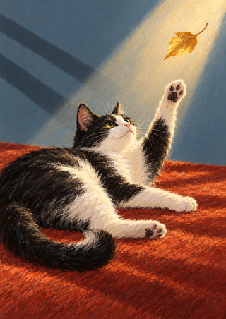 Black-and-white cat reclining on a rust-red rug and reaching toward a floating golden leaf in a diagonal beam of light.