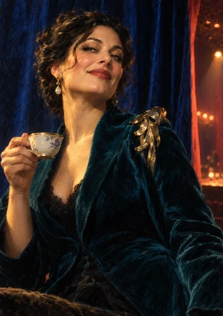 An adult woman with a knowing expression holds a small patterned teacup, wearing a dark teal jacket with a gold shoulder ornament against a blue curtain.