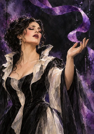 An adult woman in a black-and-ivory stage costume, eyes closed, raises one hand beneath a curling violet ribbon against a dark background.