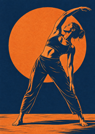 Full-figure woman in a standing side stretch with one arm overhead, against an orange disk and deep blue field.