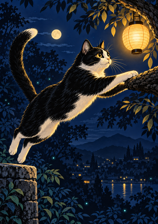 Black-and-white cat leaping from a stone ledge toward a branch beneath a glowing gold lantern, with moonlit foliage and distant waterside lights.