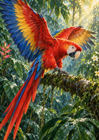 Scarlet macaw with red, blue, and yellow feathers and spread wings on a mossy branch amid sunlit tropical foliage.