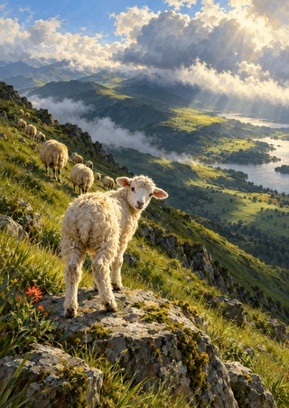 Cream-wool lamb looking back from a rocky grassy ledge, with sheep along a ridge and a cloud-shadowed valley beyond.