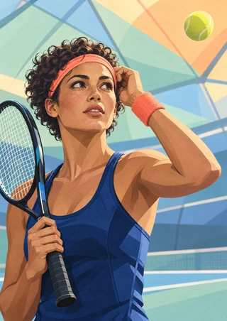 Illustrated woman tennis player with a racket adjusts her coral headband and looks toward a ball against a geometric blue, mint and apricot backdrop.