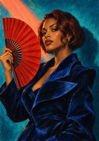 Adult woman with a dark auburn bob holding an open red fan beside her face against a teal background.