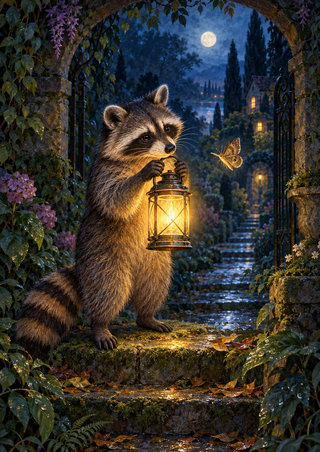 Upright raccoon holding a glowing lantern as a moth approaches, with a moon and garden path beneath a stone arch.