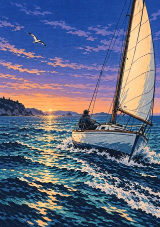 Small white sailboat with a seated sailor on choppy coastal water at sunset, with a gull, curved wake, and distant headlands.