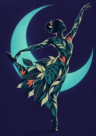 Leaf-patterned adult female dancer balancing en pointe in profile, holding her bent leg behind while reaching upward, against a turquoise crescent and midnight-violet background.