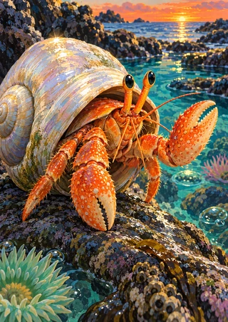 Orange hermit crab emerging from a large pale spiral shell on a rocky tidepool shore, with turquoise water and sunset light.