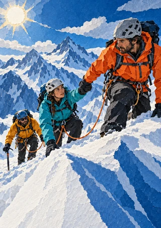 Three colorful, equipped climbers ascend a snowy slope as one reaches back to help another.