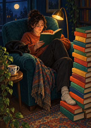 Adult woman reading in a teal armchair under an amber lamp, with a sleeping black cat and a tall stack of colorful books.
