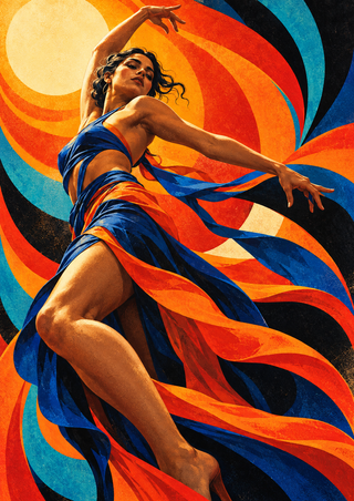 Adult woman dancer in a cobalt-and-orange outfit turning with one arm raised amid flowing fabric and colorful graphic arcs.