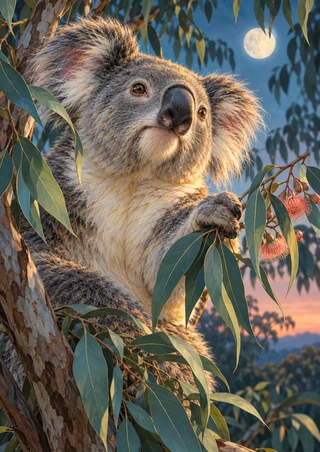 A close-up koala holding a leafy sprig among eucalyptus-like branches, with pink blossoms, a pale moon, and distant hills at dusk.