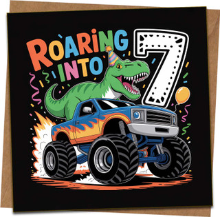 Roaring Into 7 Birthday Card for Boys – Dinosaur & Monster Truck 7th Birthday – Fun Square Greeting Card 145mm x 145mm with Kraft Envelope