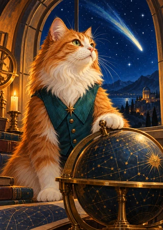 Orange-and-white longhaired cat in a teal waistcoat resting a paw on a brass celestial globe beside an arched window and bright comet.