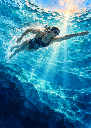 Adult swimmer moving diagonally below a bright turquoise water surface amid bubbles and refracted light.