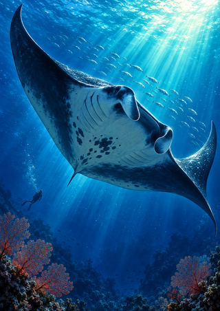 Large manta ray gliding through blue underwater light above a tiny diver, with a school of fish and sea fans near the reef.