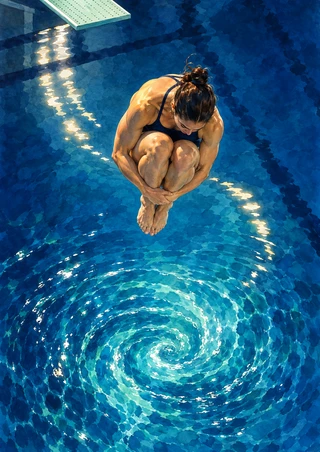 Adult diver in a compact tuck above a blue swimming pool, with a turquoise spiral of ripples, curved reflections, and a diving board at upper left.