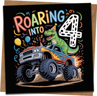 Roaring Into 4 Dinosaur Monster Truck 4th Birthday Card for Boys or Girls, 145mm x 145mm Square, Fun Kids Party Design, Includes Kraft Envelope