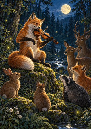 Orange-red fox playing a fiddle on a mossy rock as rabbits, a badger, another fox, and deer gather in a moonlit forest.