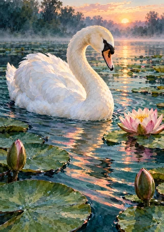 White swan gliding among lily pads and a pink water lily on reflective teal water at dawn.