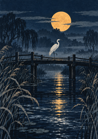 Small white egret standing on a wooden bridge over a dark canal beneath a large amber moon, with reeds and willows.