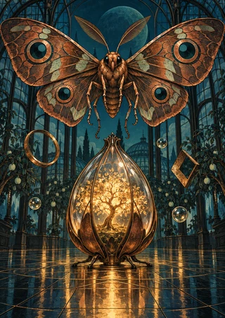 Patterned copper-brown moth hovering above a glass seedpod containing a glowing tree in an ornate greenhouse with a reflective tiled floor.