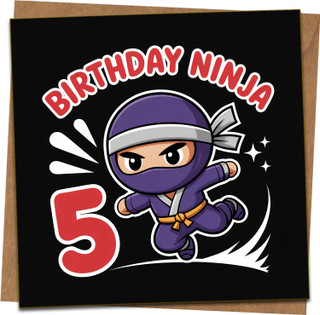 5th Birthday Ninja Card for Kids - Cute Cartoon Ninja - 145mm x 145mm Square Greeting Card with Kraft Envelope - For Boys Girls Son Daughter Grandson Granddaughter