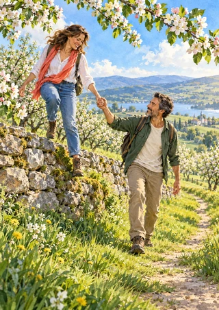 An adult man steps down from a low stone orchard wall while holding hands with a woman, amid blossoms, a grassy path and distant hills.