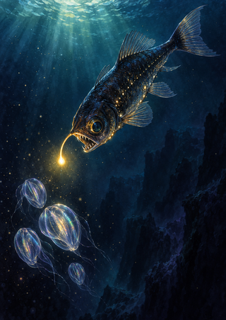 A dark fish with a glowing gold lure descends through blue-green water toward luminous translucent jelly-like animals.
