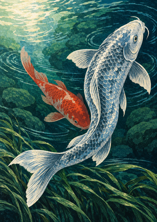 A large pale silver-blue koi curves upward through dark jade water as a smaller red-and-white koi crosses behind it.