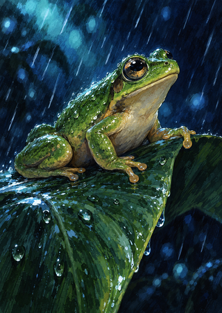 Green tree frog with water beads crouched on a broad wet leaf as diagonal rain falls against a dark blue background.