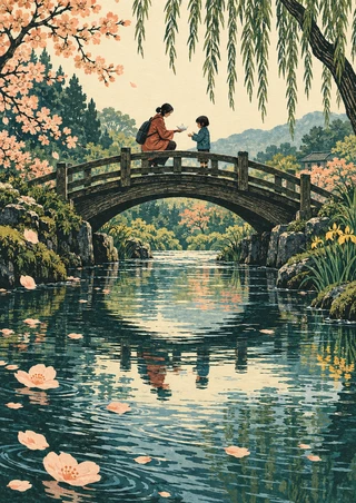 An adult and child sit together on a timber arch bridge over a reflective garden stream, with blossoms and willow branches around them.
