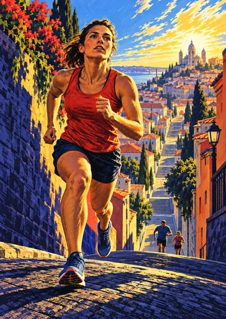 Woman in a red top running uphill on a city road, with two runners behind her and a stairway and buildings in the distance.