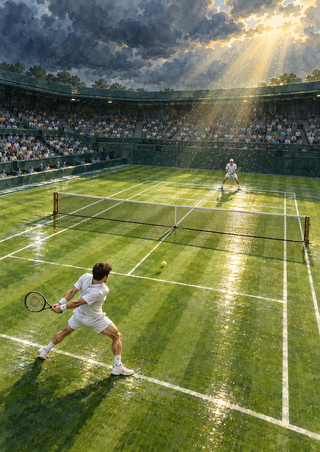 Two tennis players rally across a net on a wet grass court as a yellow ball travels between them beneath storm clouds and golden sunlight.