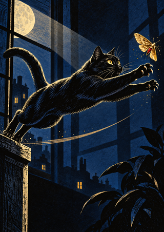 A black cat with amber eyes leaps from a window ledge toward a golden moth in a moonlit scene with distant rooftops and plant silhouettes.