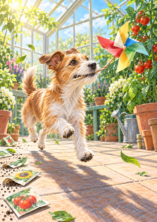 Shaggy tan-and-white terrier bounding through a plant-filled greenhouse with a colorful pinwheel in its mouth.