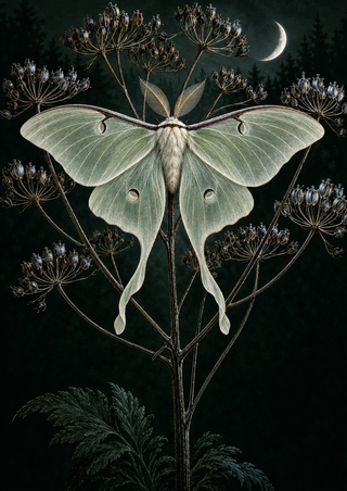 A pale luna-moth-like insect with spread wings rests across branching dried seedheads beneath a crescent moon on a dark green ground.