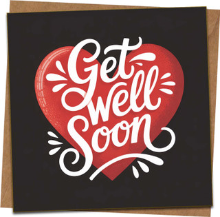 Get Well Soon Greeting Card, Red Heart on Black, 145mm x 145mm, Blank Inside, Includes Kraft Envelope, Encouragement Card for Him Her Friends Family