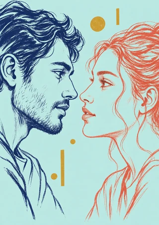 Two close profiles facing one another, drawn in indigo and coral sketch lines against pale aqua with small ochre marks.