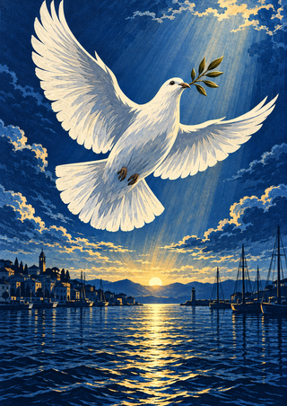 White dove carrying a leafy twig in flight above a harbor with boats, masts, waterfront buildings, and golden water reflections.