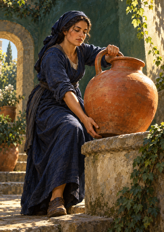 A woman in a long indigo dress and head covering lifts a large terracotta jar onto a stone ledge in a sunlit courtyard.