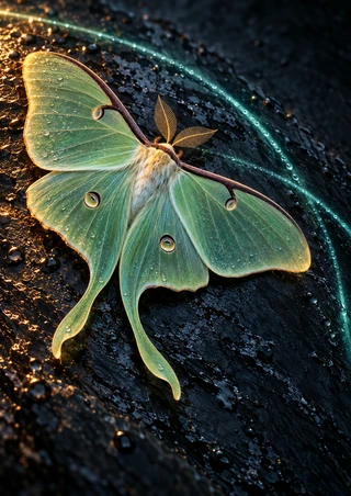 Pale-green long-tailed moth with spread wings and eye spots resting on dark wet slate beneath a turquoise arc.