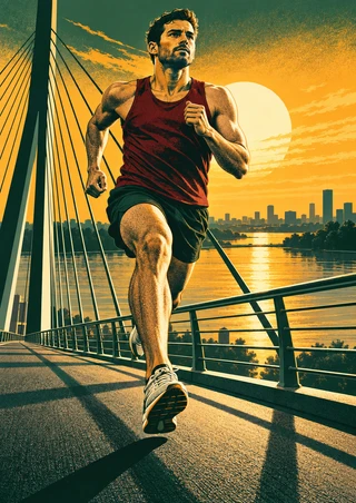 Adult runner in a red singlet and black shorts running toward the viewer on a bridge, with river, distant skyline, and large sunrise.
