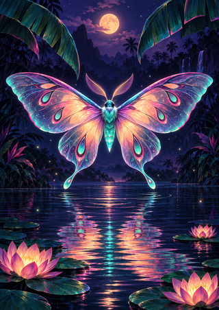 Large luminous patterned moth hovering above a reflective dark lagoon, framed by arching leaves and pink water lilies beneath a full moon.