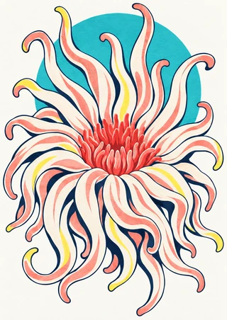 Stylized sea anemone with coral-red curling tentacles and navy outlines in front of a turquoise disc.