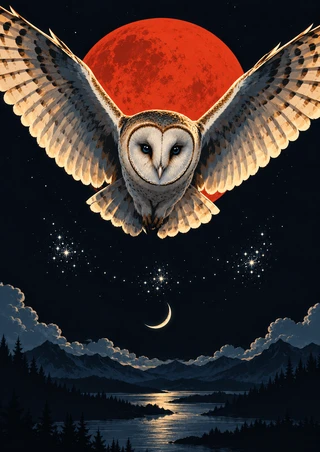 Barn owl gliding toward the viewer with spread wings against a vermilion disc, above a crescent moon, stars, clouds, mountains, forest and reflective lake.