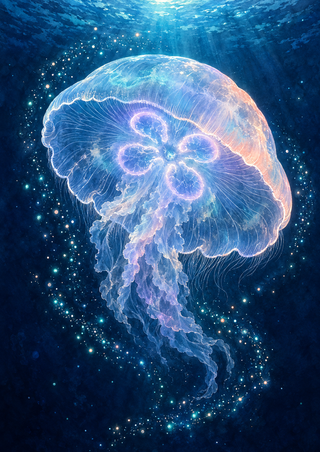 Translucent turquoise and violet moon jellyfish with trailing arms floating in dark blue water among tiny lights.