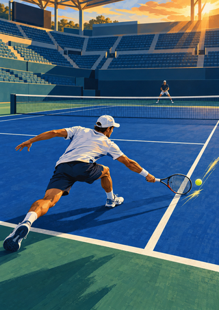 Tennis player in a white cap and shirt lunging toward a yellow ball on a blue court, with an opponent across the net.