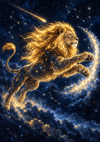 Golden-maned lion leaping diagonally through a deep blue starry sky, with a meteor and a luminous curved arc of stars.